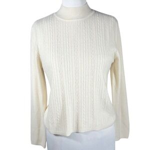 Vintage Koret Petites Cream‎ Cable Knit Mock Neck Zipper Back Sweater Small